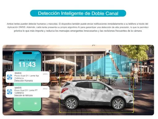 Cod. 372 Cámara Smart Exterior 360° DAHUA Picoo Dual 3K D1 5MP+5MP / Wi-Fi 6 / Vista Nocturna Dual Ligth (50m IR) / Detección humana/vehículo IA / 6*modos patrulla / Alarma (Luz y sonido) / Seg. automát. / Audio bidireccional / Soporta microSD (hasta 256G