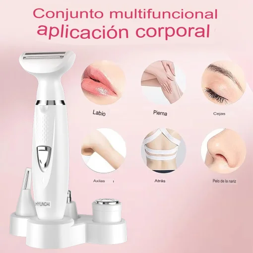 Cod. 1049 Set de depilación femenina Hyundai PHT-089 4en1 (afeitadora facial, de cejas, nariz y cuerpo, recortadora de bikini) 5W / Carga USB 1.5h, uso 90min. / Bat. 500mAh / Impermeable (IPX5)