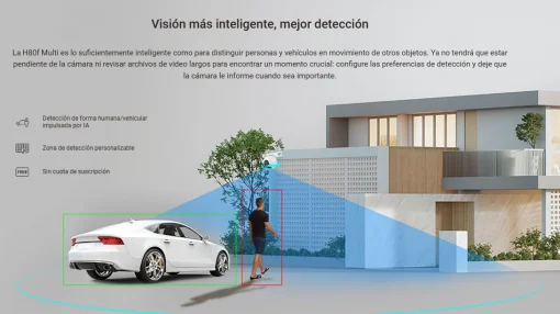 Cod. AE:365 Cámara Smart exterior EZVIZ H80f Multi 2K+ 360° lentes triple / Zoom 12× / Vista Nocturna Color / Auto-Zoom Tracking / 2*modos patrulla auto. / Detección humana/vehículo IA / Defensa activa / Audio bidireccional / microSD hasta 512GB / IP67 /