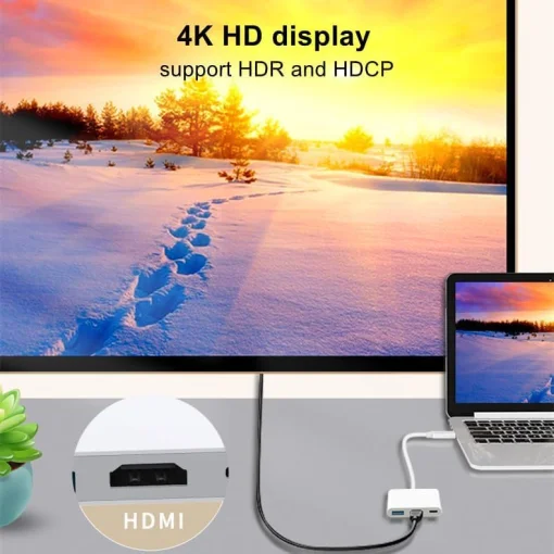 Cod. 475 Adaptador multipuertos 3en1 INS HU-352 de USB-C a 1*P/Salida HDMI 4K + 1*P/USB 3.0 + 1*P/USB-C (PD) / blanco