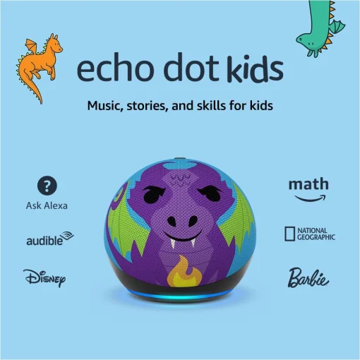 Cod. A:232 Parlante Smart Amazon&nbsp;Echo Dot (5ta Gen.) Kids / sonido vibrante 1.73&rdquo; / Audio-Libros, Juegos Educativos (1 a&ntilde;o Amazon Kids+) / Control parental - Drag&oacute;n