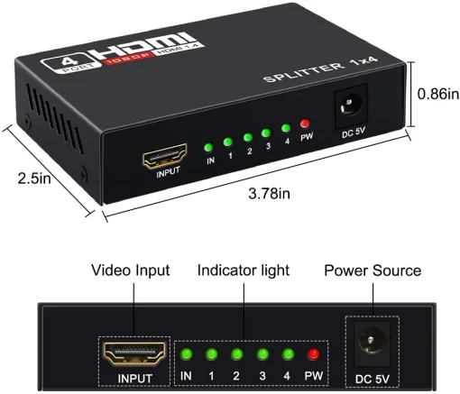 Cod. 788 HDMI Splitter de 4 Puertos / 720p, 1080i y 1080p/Compatible con DTS, Dobby / Alimentaci&oacute;n DC 5V.