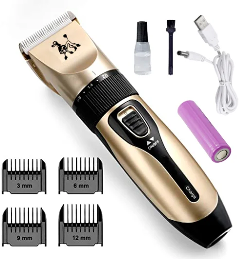 Cod. 697  Cortadora de pelo Inalámbrica para mascotas / Motor de 3v / cuchilla cerámica / 5 velocidades / Incluye: cargador, 4 peines, brocha de limpieza