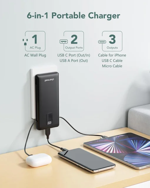 Cod. 254  Power Bank con cables integrados CHARMAST W1115 10.000 mAh / Puertos: 5*salidas, 2*entradas / Ultra Slim / pantalla LED / Compatible: iPhone 16/15/14/13, Samsung, iPad y más