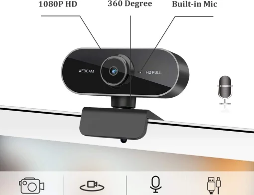 Cod. 053 WebCam PIN PC-12 / FullHD 1080p, 30fps / Micrófono Integrado / USB 2.0 / Clip universal