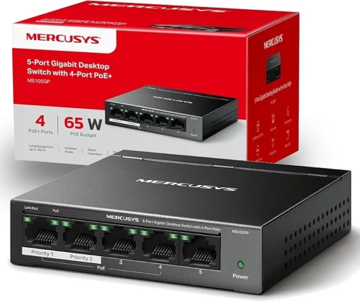 Cod. 120 Switch PoE+ Gigabit MERCUSYS MS105GP / 5 puertos 10/100/1000Mbps (4*POE+ 65W) hasta 250 m / Plug and Play / met&aacute;lico