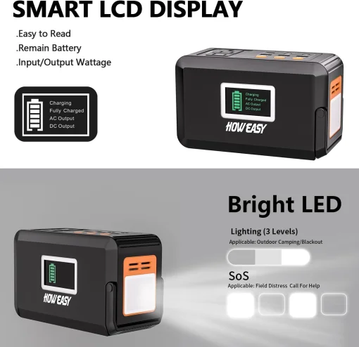 Cod.180 Banco de Energía HOWEASY 120W, 88WH/24 000mAh, P/laptop: 2*Tomas AC 110V / 2*puertos DC / 3*puertos USB-A (2*QC 3.0 carga rápida +1*5V/2.4A) / 1*USB-C 18W / Linterna LED / Peso 2.3 lbs