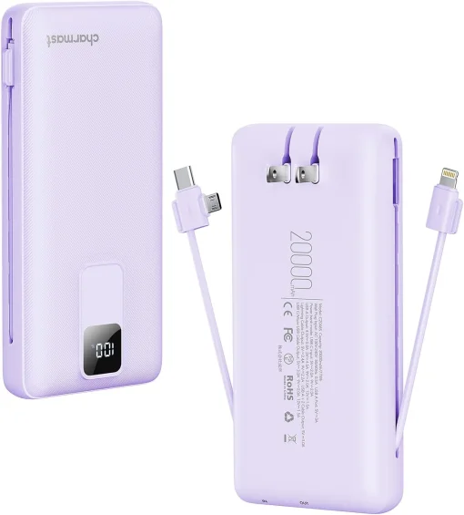 Cod. 257 Power Bank con cables integrados CHARMAST C2046S / 20.000 mAh, 20 W / Puertos: 4*salidas, 2*entradas / Ultra Slim / pantalla LED / Compatible: iPhone 16/15/14/13 y Samsung, Google y iPad