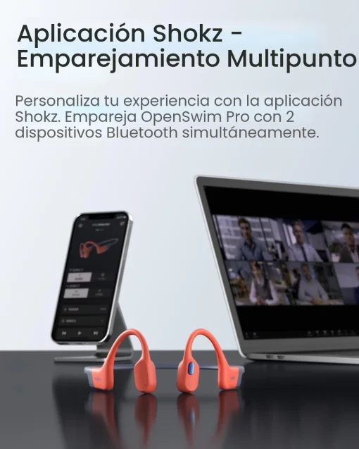 Cod. 144 Auriculares Deportivos Shokz OpenSwim Pro Red / Conducci&oacute;n &Oacute;sea / IP68 (Sumergibles) / Bluetooth + MP3 (32GB Alm.) / Dise&ntilde;o de Oreja Abierta / Carga R&aacute;pida (10m = 3H), 9H Autonom&iacute;a / Mic. Dual ENC