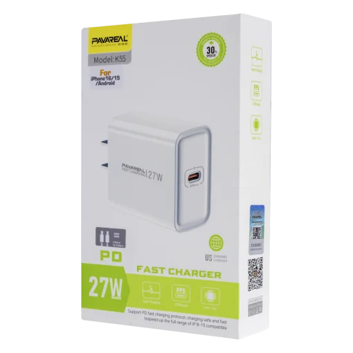 Cod. 261 Cargador de pared Pavareal K55 PD 27W (Carga r&aacute;pida) / 1*Puerto USB-C / incl. Cable USB-C
