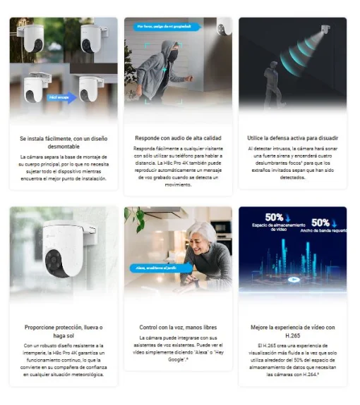 Cod. 395 Cámara Smart p/exterior 360° Wi-Fi EZVIZ H8c Pro 4K (8MP) / Visión nocturna a color / IR (hasta 30mt.) / Detección Personas/Vehículos IA / Seg. Zoom automát. / Defensa activa / Audio bidireccional / IP66 / Soporta microSD (hasta 512GB) / compatib