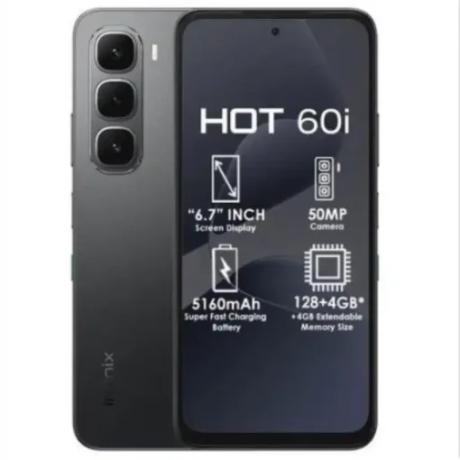 Cod. 302 Infinix HOT 60i / 6.7" HD+ 120Hz / Ram 8GB (16GB exten.) / 256GB Alm. / Helio G81 / Android 15 / Cam. 50MP + 8MP Frontal / NFC / Bat. 5160mAh, 45W / Sleek BlackInfinix HOT 60i / 6.7" HD+ 120Hz / Ram 8GB (16GB exten.) / 256GB Alm. / Helio G81 / An
