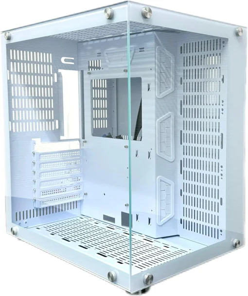 Cod. 381 Case WJCOOLMAN CA-020 White / ATX / lateral y frontal vidrio templado vista 270° / admite refrigeración líquida de 360° / USB 3.0, USB 2.0, HD audio / sin fuente /  Incluye P/Armar 4*fans ARGB 120mm + Controlador RGB AURA Sync + CR