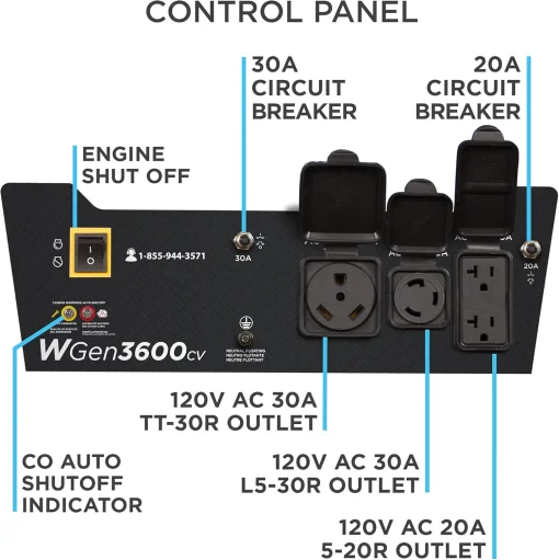 Cod. 202 Generador Westinghouse WGEN3600CV 4650W Súper Siliencioso / Gasolina 4GL. / Salida: 2*tomas AC 120V/20A, 1*120V/30A (L5-30R), 1*120V/30A (TT-30R) / Funcióna 14 Hr. 25% / sensor de CO