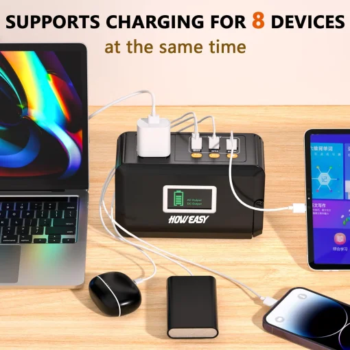 Cod.180 Banco de Energía HOWEASY 120W, 88WH/24 000mAh, P/laptop: 2*Tomas AC 110V / 2*puertos DC / 3*puertos USB-A (2*QC 3.0 carga rápida +1*5V/2.4A) / 1*USB-C 18W / Linterna LED / Peso 2.3 lbs