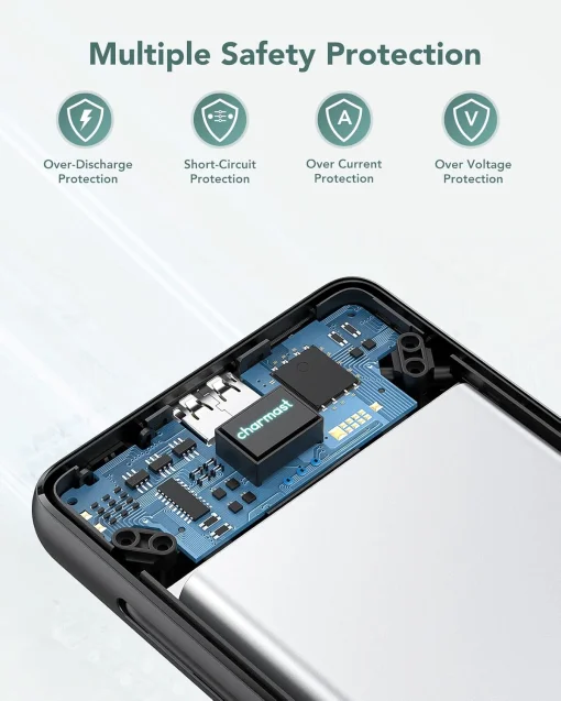 Cod. 254  Power Bank con cables integrados CHARMAST W1115 10.000 mAh / Puertos: 5*salidas, 2*entradas / Ultra Slim / pantalla LED / Compatible: iPhone 16/15/14/13, Samsung, iPad y más