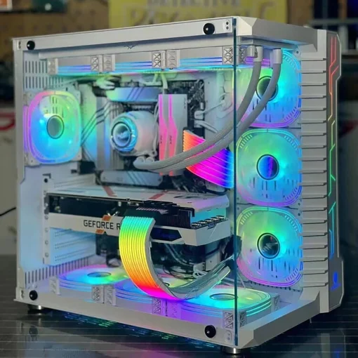 Cod. 385 Kit Case GAMEKM CA-025 White / ATX / acero de aleación / lateral y frontal vidrio templado vista 270° / admite refrigeración líquida de 360°, luz LED ARGB / USB 3.0, USB 2.0, HD audio / sin fuente / Incluye P/Armar 4*fans ARGB 120mm + Controlador