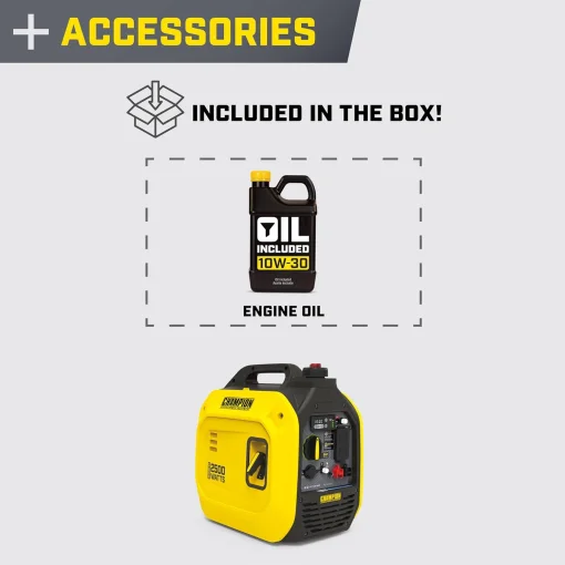 Cod. 200 Generador Inversor port&aacute;til Champion Power Equipment silencioso 2,500 Watts / a Gasolina / Salida (d&uacute;plex CA120V 15.4 A (2*tomas), 12V DC 8A) / 1*Paralelo / escudo de CO / hasta 11,5 Hr. 25%