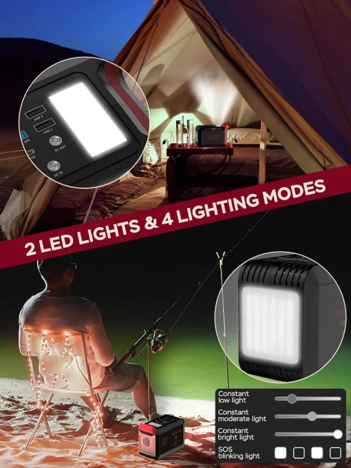 Cod. 179 Banco de Energía MARBERO 300W, 237Wh/64 000mAh, P/laptop: 2*Tomas AC 110V / 1*puerto DC / 4*puertos USB-A (2*QC 3.0 carga rápida + 2*5V/3.1A) / 1*USB-C 18W / 2*Linternas LED / Peso 4.6 lbs