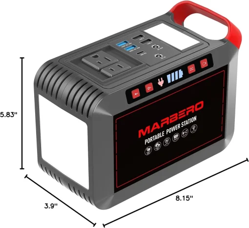 Cod. 179 Banco de Energía MARBERO 300W, 237Wh/64 000mAh, P/laptop: 2*Tomas AC 110V / 1*puerto DC / 4*puertos USB-A (2*QC 3.0 carga rápida + 2*5V/3.1A) / 1*USB-C 18W / 2*Linternas LED / Peso 4.6 lbs