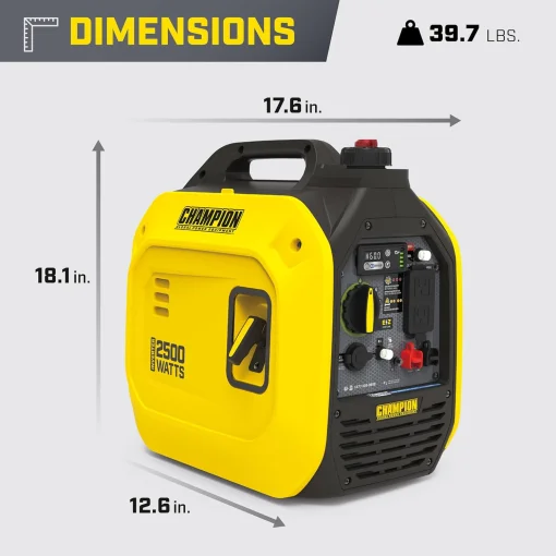 Cod. 200 Generador Inversor port&aacute;til Champion Power Equipment silencioso 2,500 Watts / a Gasolina / Salida (d&uacute;plex CA120V 15.4 A (2*tomas), 12V DC 8A) / 1*Paralelo / escudo de CO / hasta 11,5 Hr. 25%