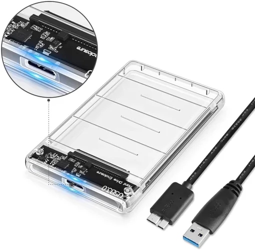 Cod.022 Capsula para Disco Duro Externo SATA 2.5" USB 3.0, HDD/ SSD/ SATA III/ Transparente