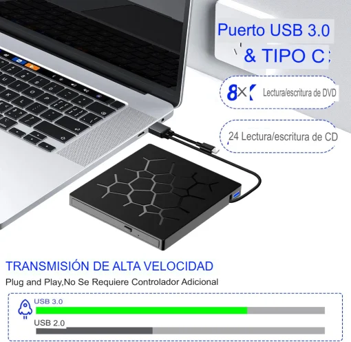 Cod. 057 DVD-RW Externo Portable 7en1 USB-A 3.0 + Tipo-C / Compatible Windows, MacOS / Lector: SD, MicroSD, USB-C*1, USB-A 3.0*1, USB-A*3 / Plug and Play