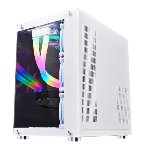 Cod. 362  Case WJCOOLMAN CA-020 White / ATX / lateral y frontal vidrio templado vista 270° / admite refrigeración líquida de 360° / USB 3.0, USB 2.0, HD audio / sin fuente