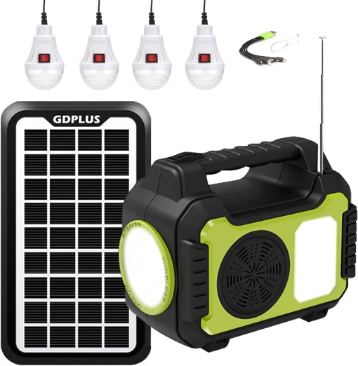 Cod. 224  Banco de Energía GDPLUS Bat. 48 Wh (13.000 mAh) + 1*Panel Solar + 4*Bombillas LED + 1*Cable cargador 5en1 / puertos: 2*USB-A, 5*DC / Función: Linterna LED, mp3, Radio FM, USB / Peso. 2 lbs