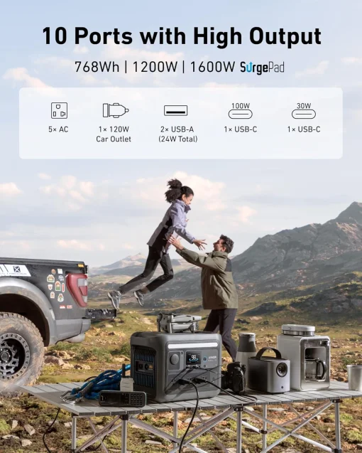Cod. 214  Estación de energía portátil ANKER Solix C800, bat. LiFePO4 768 Wh / 1200 W (pico 1600 W) / 5*tomas CA, 2*USB-A IQ, 1*USB-C IQ 100W / carga rápida 58 Min / luces LED
