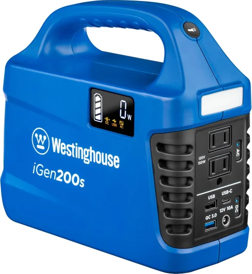 Cod. 218 Estación de energía portátil Westinghouse iGen200s / bat litio:194 Wh / 150W / 6 puertos (2*AC 120V, 1*USB-C, 2*USB-A, 1*9-12V CC) / Linterna LED / carga: 4 Hr. / Peso: 4 lbs
