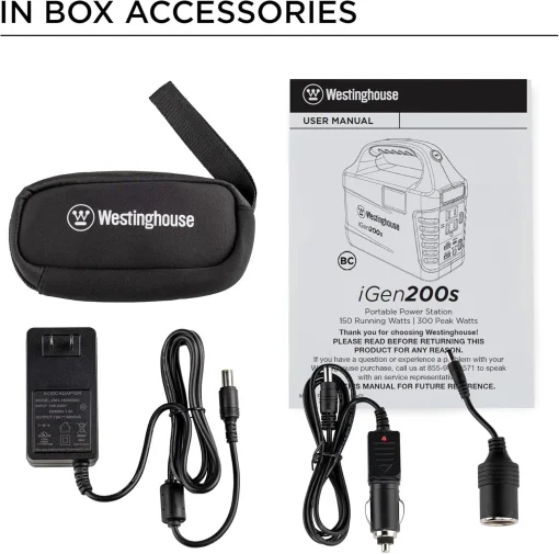 Cod. 218 Estación de energía portátil Westinghouse iGen200s / bat litio:194 Wh / 150W / 6 puertos (2*AC 120V, 1*USB-C, 2*USB-A, 1*9-12V CC) / Linterna LED / carga: 4 Hr. / Peso: 4 lbs