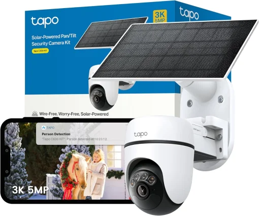Cod. 413 Kit C&aacute;mara TP-Link Tapo C630 360&deg; 3K 5MP &amp; panel solar / Captura Continua 24/7 / Visi&oacute;n Nocturna a Color / Detecci&oacute;n (pers. masc. veh.) &amp; Seg. por IA 360&deg; / Alarma: Sonido/Luz / Audio bidireccional / Soporta microSD(512GB) / Bat. recargable 6700