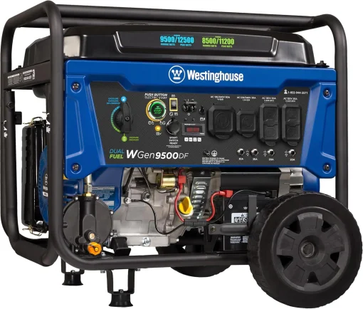 Cod. 193  Generador Westinghouse WGen9500DF / 9500W funcionamiento, 12500W máx. / Dual: Gas o Gasolina (6.6 GL.) / Salida: 4*tomas AC 120V 20 A, 1*120/240V 30 A bloqueo giro.(L14-30R), 1*120/240V 50 A (14-50R) / encendido eléctrico a Control remoto