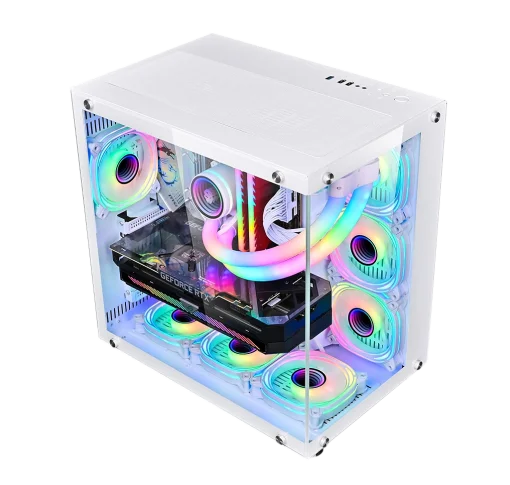Cod. 362  Case WJCOOLMAN CA-020 White / ATX / lateral y frontal vidrio templado vista 270° / admite refrigeración líquida de 360° / USB 3.0, USB 2.0, HD audio / sin fuente