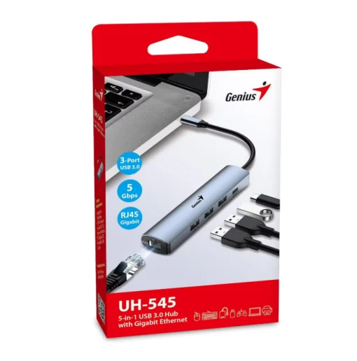 Cod. 374 Hub Multipuertos Genius UH-545 5 en 1 / Interfaz: USB-C a 1*Ethernet RJ45 (Gigabit), 3*USB-A 3.0 (datos), 1*USB-C PD (carga) / Compatible: Windows®, Mac OS, Android, Apple IOS / Plug &amp; play