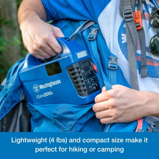 Cod. 218 Estación de energía portátil Westinghouse iGen200s / bat litio:194 Wh / 150W / 6 puertos (2*AC 120V, 1*USB-C, 2*USB-A, 1*9-12V CC) / Linterna LED / carga: 4 Hr. / Peso: 4 lbs