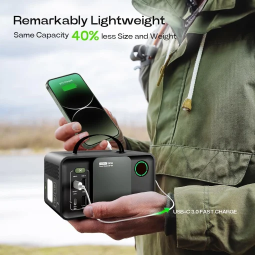 Cod. 217 Banco de Energía ACACIA GP100 batería litio 92.16WH (25.600mAh) Salida 100W (200max.) / 6 Puertos (1* toma AC, 1*DC, 2*USB-A QC 3.0, 2*USB-C PD 3.0) / Linterna LED / Peso 2.3 lbs / carga rapida 90 min.