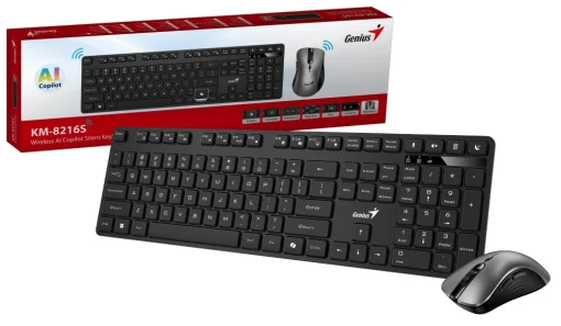 Cod. 288 Kit Genius Wireless KM-8216S, Teclado + Mouse óptico 6 bot. 1600DPI / 2.4GHz / Silencioso / AI Copilot / 12 teclas de función (8 audio, 4 Internet) / Español / Black