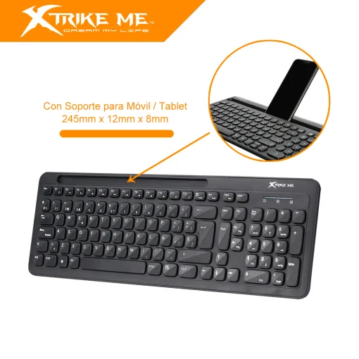 Cod. X:232 Teclado XTRIKE ME KB-303 SP / Inal&aacute;mbrico Dual (2,4G y Bluetooth) / 105 teclas Membrana / Soporte P/M&oacute;vil o tablet / compatible Windows/MAC/IOS /Android / Espa&ntilde;ol