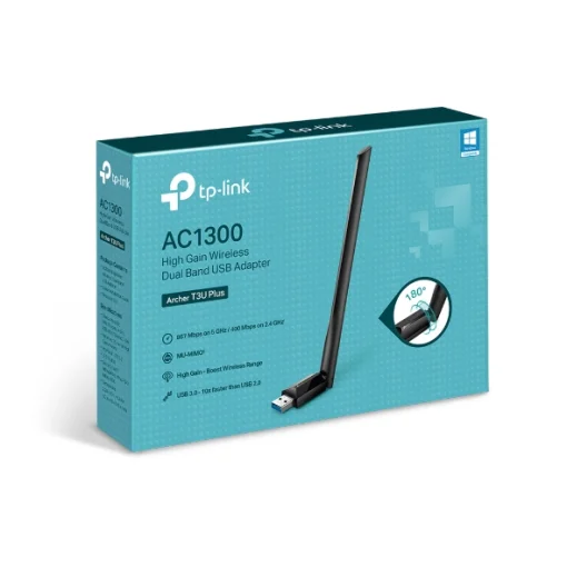 Cod. 367  Adaptador WiFi USB 3.0 TP-Link Archer T3U Plus / Dual Band AC1300 (400Mpbs 2.4GHz,&nbsp;867Mbps 5GHz) / MU-MIMO / antena*2 180&deg;de Alta Ganancia / Compatible con Windows 11 /10/8.1/8/7/XP, Mac OS X