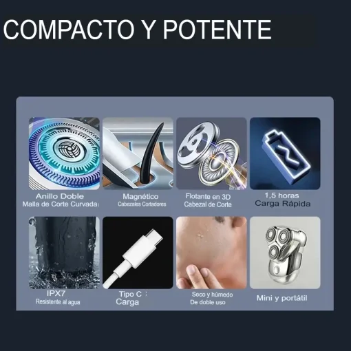 Cod. 1043 Afeitadora portátil Hyundai PHT-047 BK / 2W / 3D / Bat. 600 mAh / USB-C / Carga 1.5H / 8000 RPM / resistente al agua (IPX7)