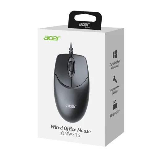 Cod. 293 Mouse ACER OMW316 Office / 3 botones / &Oacute;ptico 1200DPI / ergon&oacute;mico / Plug &amp; Play / Cable 1.5 m, USB / Negro