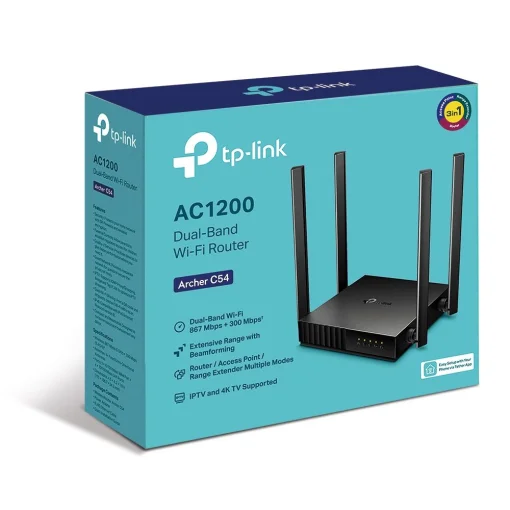 Cod.075 Router Wi-Fi de doble banda AC1200 TP-LINK Archer C50 / 5GHz: 867Mbps y 2.4GHz: 300Mbps / 4 puertos LAN/ 1 puerto WAN/ 4 antenas externas y Beamforming / Tecnolog&iacute;a MU-MIMO (SIRVE COMO ACCESS POINT Y EXTENSOR DE RANGO)