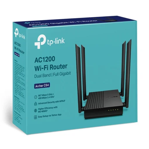 Cod. 105 Router Wireless de Banda Dual TP-LINK AC1200 Archer C64 - MU-MIMO/ 5GHz: Hasta 867Mbps y 2.4GHz: Hasta 400Mbps / 4 puertos LAN GIGABIT / 1 puerto WAN GIGABIT / 4 antenas externas / (tambien sirve como Access Point)