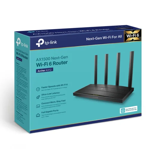 Cod. 140 Router TP-LINK Archer AX12 / Wi-Fi 6 Banda Dual AX1500 / 1201 Mbps (5 GHz) + 300 Mbps (2.4 GHz) / 3*P/LAN GIGABIT / 1*P/WAN GIGABIT / 4 Antenas y la tecnolog&iacute;a&nbsp;Beamforming / OFDMA y MU-MIMO