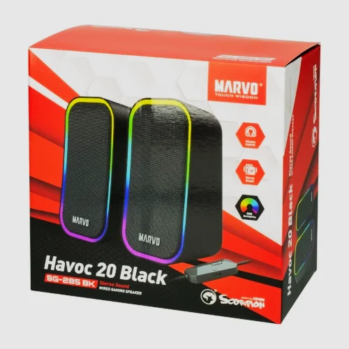 Cod. M:235 Parlantes Gaming MARVO Havoc 20 Black (SG-285) Estéreo 6W (2*3W) / Efectos LED RGB / Control de vol. / Jack 3.5 (Audio) + USB(Power)