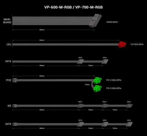 Cod. 141 Fuente de Poder GAMEMAX VP-700-M-RGB BK / Semi-Modular / Certificado 80 Plus Bronze / 700Watts / 12CM Ventilador RGB / ATX P/PC