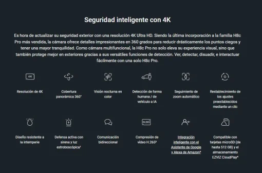Cod. 395 Cámara Smart p/exterior 360° Wi-Fi EZVIZ H8c Pro 4K (8MP) / Visión nocturna a color / IR (hasta 30mt.) / Detección Personas/Vehículos IA / Seg. Zoom automát. / Defensa activa / Audio bidireccional / IP66 / Soporta microSD (hasta 512GB) / compatib