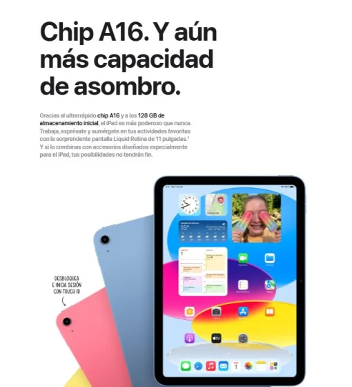 Cod. 132 Apple iPad 11"&nbsp;Liquid&nbsp;Retina (Chip A16) 128GB / iPadOS / Wi-Fi 6, BT 5.3 / C&aacute;m. post. 12MP, Selfie 12MP / Desbloqueo Touch ID / USB-C, 20W / MD4A4LL/A - Blue